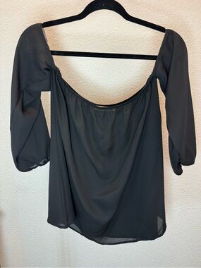 Modern Vintage Boutique Black Off Shoulder Sheer Balloon Sleeve Blouse